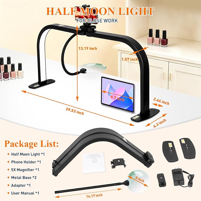 Half Moon Nail Light for Desk with 5X Magnifier & Phone Holder, LED Arch Tech Lamp 30" Foldable for Manicure Eyelash Extensions Tattoo Facial Salon Craft, 2700LM Multiple Brightness 3000-6000K