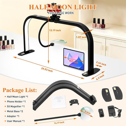 Half Moon Nail Light for Desk with 5X Magnifier & Phone Holder, LED Arch Tech Lamp 30" Foldable for Manicure Eyelash Extensions Tattoo Facial Salon Craft, 2700LM Multiple Brightness 3000-6000K