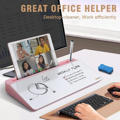 SELEAD Desktop Glass Whiteboard with Organizer & Built-in Mirror - Small Dry Erase White Board Computer Pad Keyboard Stand with Markers, Eraser, Holder for Women - Pink