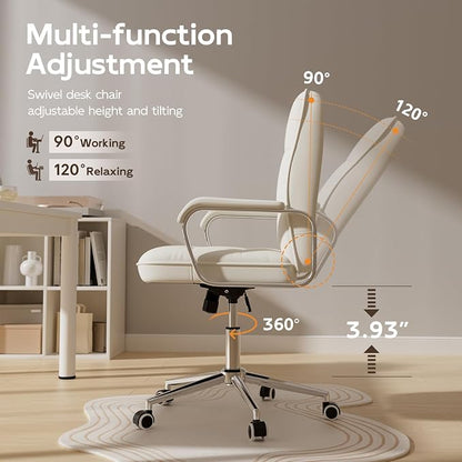 HomeZeer White Office Chair, Mid Back Leather Desk Chair with Wheels and Padded Arms, Swivel Vanity Chair for Bedroom, Computer Chair for Study and Work