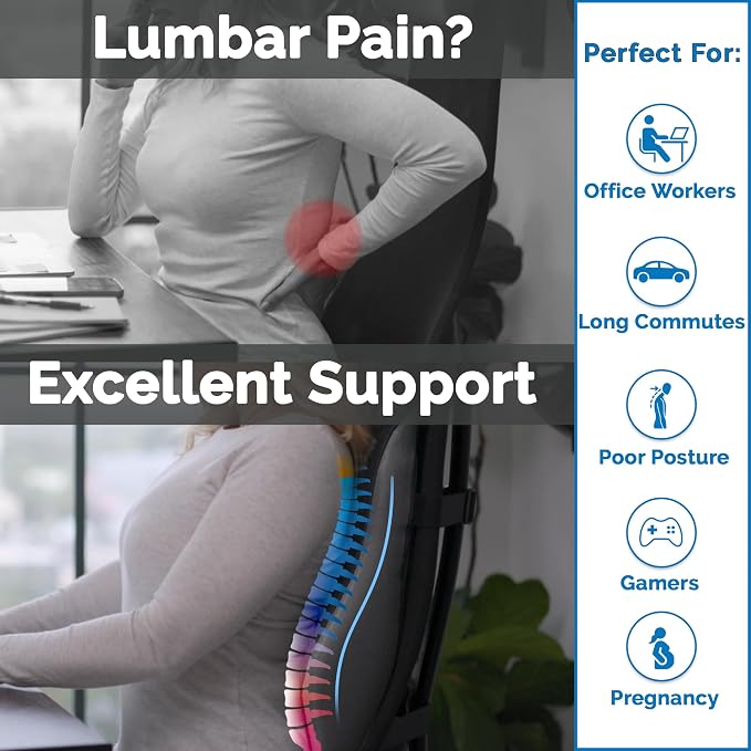 ComfiLife Lumbar Support Pillow for Office Chair – Premium Memory Foam Lumbar Pillow – Back Support for Office Chair, Car – Back Pain Relief, Improves Posture – 3 Adjustable Straps, Mesh + Leatherette