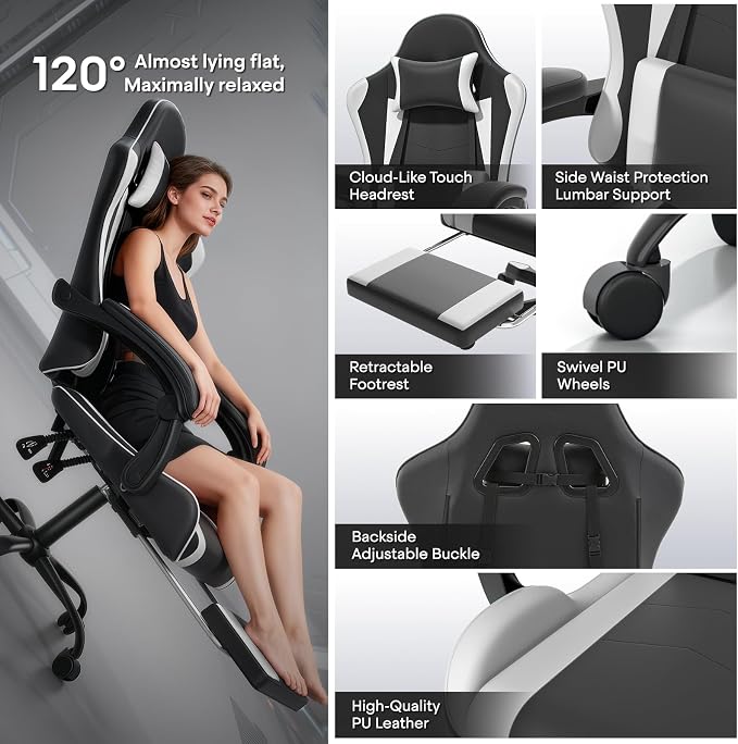 Athena Collection Ergonomic Gaming Chair with Footrest & Headrest Lumbar Support, Height Adjustable Swivel Office Chair Reclining Game Chair High Back Computer Chair for Adults, White