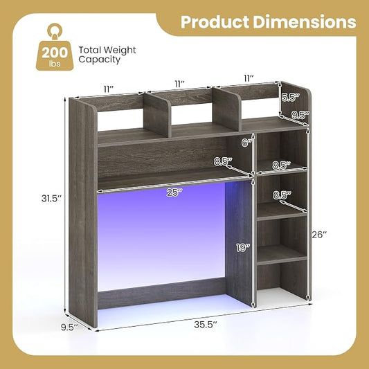 LDAILY Desktop Bookshelf with LED Lights, 35.5’’ Wooden Desk Shelf with 8 Cubes & 3 Adjustable Storage Shelves, 5-Tier Desk Hutch for Dorm College Office Computer Monitor Up to 25’’(Grey Oak)