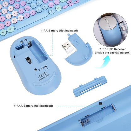 Wireless Keyboard and Mouse Combo, Retro Typewriter Keyboard with Round Keycaps, 2.4GHz USB Cute Wireless Keyboard Mouse for Computer, Desktop, Laptop and Computer (Rainbow Blue)