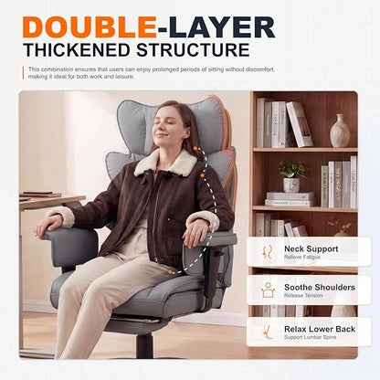 Dowinx Big and Tall Office Chair with Pocket Spring Cushion,High Back Computer Gaming Chairs with Adjustable Armrests and Lumbar Support,Executive Desk Chairs with Footrest(PU Leather,Grey)