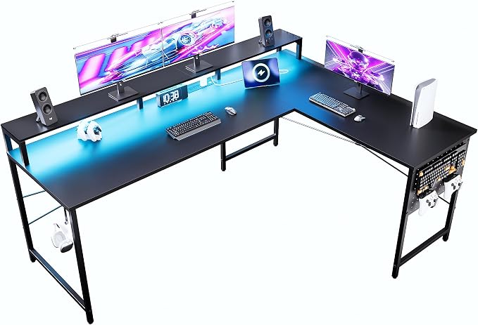 Pamray 64 Inch L Shaped Gaming Desk with Power Outlets and Led Lights, Large Corner Computer Desk with Monitor Stand and Pegboard, PC Table for Home Office and Bedroom Black