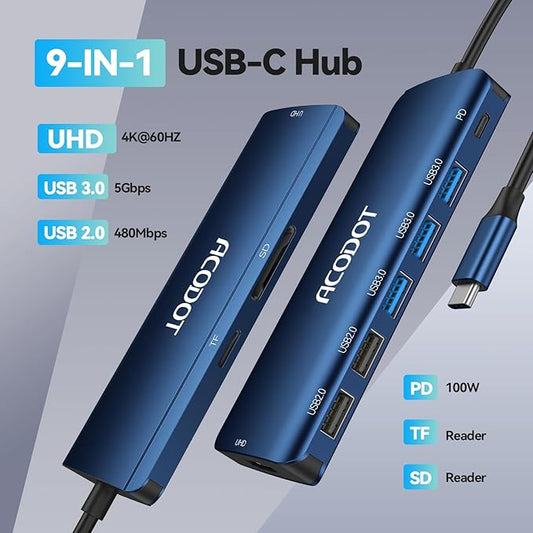 USB C Hub, 9-in-1 Multi-Port USB Adapter, 4K@60Hz HDMI, 100W Max PD, 3 USB3.0(5Gbps) + 2 USB2.0 Data Ports, SD/TF Card Reader for MacBook, iPad Pro, Dell, HP, Lenovo, Windows Laptop, Blue