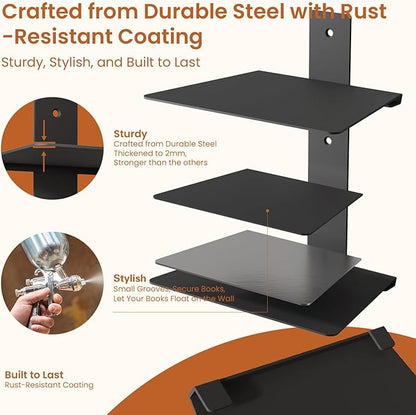 Wawocs Invisible Bookshelves for Wall, 6 Tier Floating Bookshelf Made of Heavy Duty Metal, Vertical Spine Book Tower Hanging Wall Bookshelf, Floating Book Shelves for Wall, 3 Pack Black