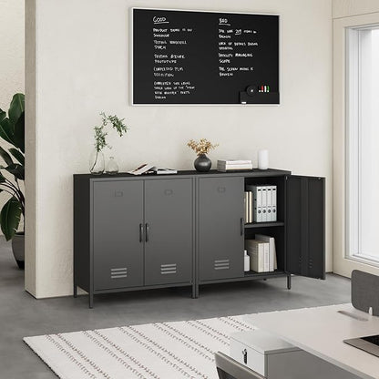 Steehoom Metal Cabinet with 2 Door, All Steel Small Locker Sideboard Buffet Storage Cabinet Console Table for Garage, Office (Black, H35.43'')