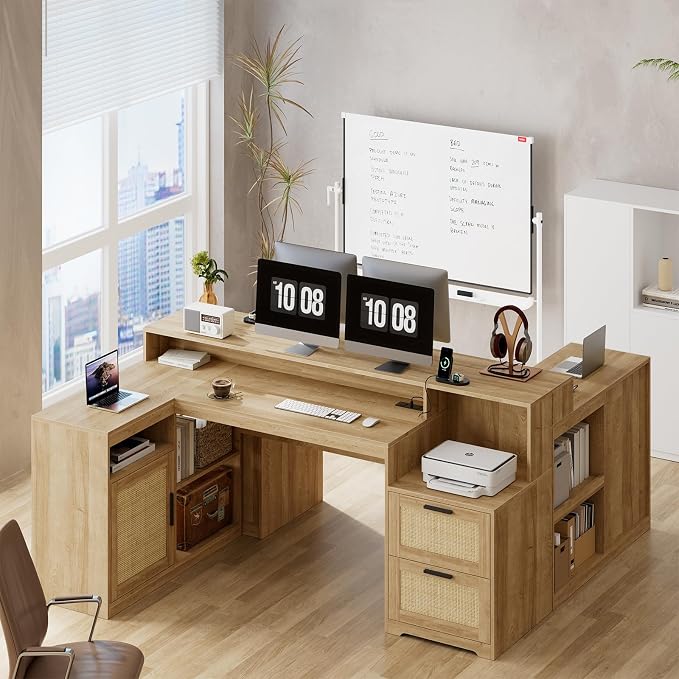TVU Farmhouse L Shaped Desk with Drawers, 62.2" Home Office Desk with Storage Shelves and Power Outlet, L Shaped Computer Desk with Monitor Stand and Printer Shelf, Oak/Rattan
