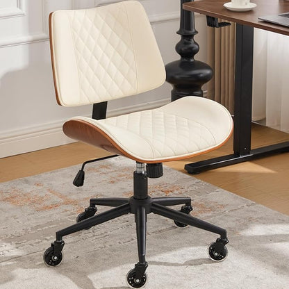 Armless Office Chair with Wheels, Ergonomic Leather Chair, Mid Back 360 Swivel Computer Chair, Modern Walnut Desk Chair for Small Space, Reading, Meeting Room, Beige
