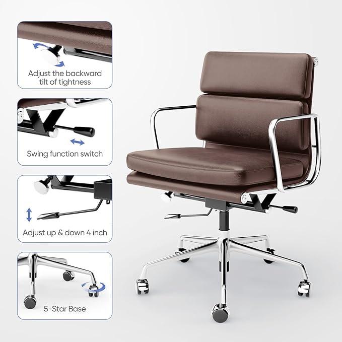 Genuine Leather Office Chair, Padded Mid Back Ergonomic Executive Desk Chair with Aluminum Arm Rest and Base, Swivel Wheels with Lumbar Support & Tilting Function, Hight Adjustable Dark Brown