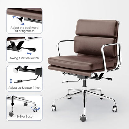 Genuine Leather Office Chair, Padded Mid Back Ergonomic Executive Desk Chair with Aluminum Arm Rest and Base, Swivel Wheels with Lumbar Support & Tilting Function, Hight Adjustable Dark Brown