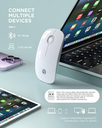 RAPIQUE Bluetooth Wireless Mouse - (BT5.1+USB) Slim Dual Mode Computer Mice with Quiet Click, Low Power, and 1600 DPI, Portable Cordless for MacBook, Laptop, iPad Pro/Air, Chromebook (White)