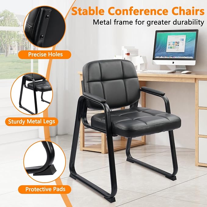 CLATINA Waiting Room Chairs with Padded Arms Leather Guest Chair no Wheels for Office Reception and Conference Desk with Sled Base Black
