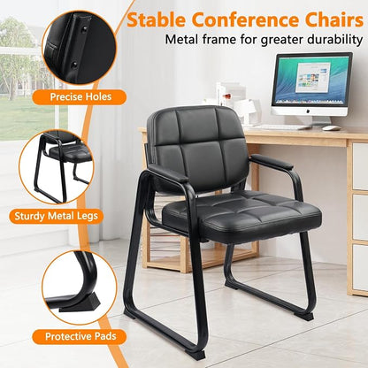 CLATINA Waiting Room Chairs with Padded Arms Leather Guest Chair no Wheels for Office Reception and Conference Desk with Sled Base Black