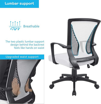 Furmax Office Chair Ergonomic Computer Desk Mesh Chair Mid Back Swivel Lumbar Support with Armrest (1, White)