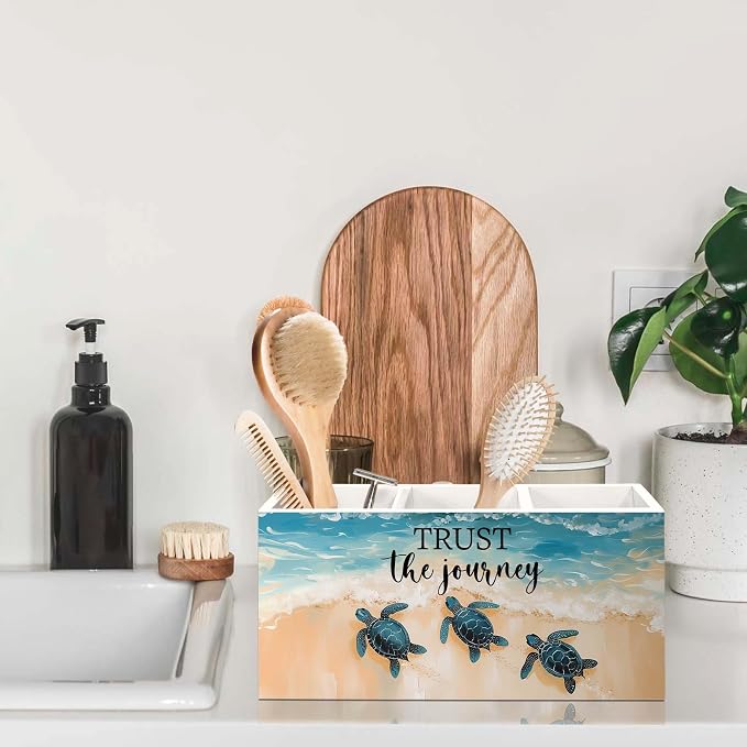 Coastal Beach Sea Turtle Pen Holder for Desk, Inspirational Sea Turtle Pencil Organizer, Trust the Journey Ocean Beach Wooden Pen Holder Desk Accessories Decor for Home Office