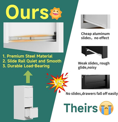 3 Drawer File Cabinet with Lock, Small Filing Cabinets for Home Office,17.8" D Metal File Cabinet for Under Desk, Vertical White File Cabinets for Legal/Letter Size File, Easy Assembly