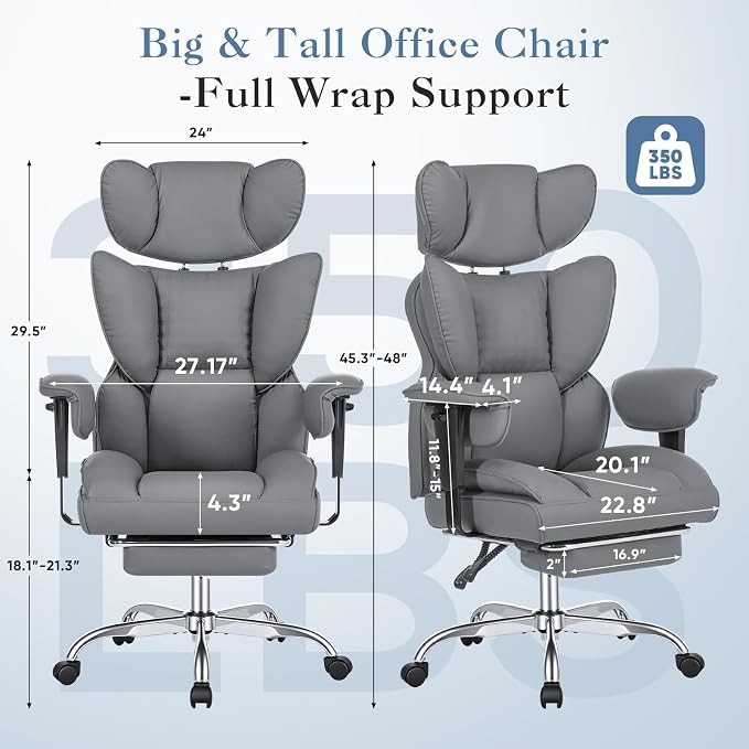 DUMOS Big and Tall Home Office Desk Chair, Ergonomic Executive Chair with Footrest, Computer Gaming Chairs with High Back Reclining, Adjustable Armrests and Comfy Lumbar Support, PU Leather, Grey