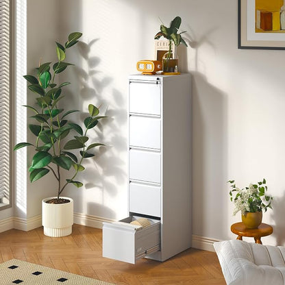 Metal File Cabinet 5 Drawers, Vertical Filing Cabinet for Home Office, File Cabinets with Lock for Legal/Letter Size Hanging File Folders, (White)