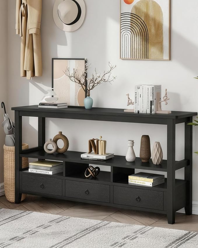 Karl home Console Table with 3 Bottom Drawers, 57.9" W Sofa Side Table Entryway Desk with 3 Storage Cubbies 1 Open Shelf, Vintage TV Stand for Hallway Living Room Office, Black 29.9" H