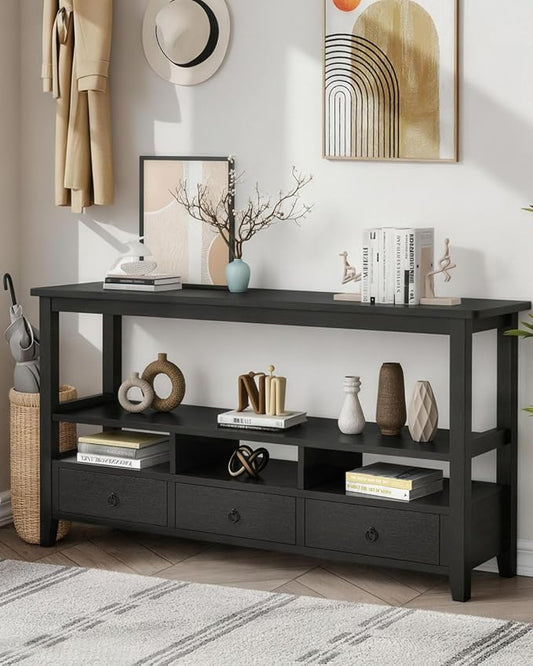 Karl home Console Table with 3 Bottom Drawers, 57.9" W Sofa Side Table Entryway Desk with 3 Storage Cubbies 1 Open Shelf, Vintage TV Stand for Hallway Living Room Office, Black 29.9" H