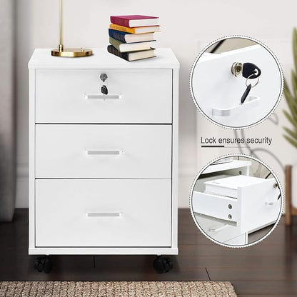 OFCASA 3 Drawer File Cabinet with Lock, Small Rolling Filing Cabinets for Home Office, Wooden Under Desk File Cabinet with Wheels, Mobile Storage Cabinet Printer Stand, for Letter/Legal/A4 Size, White