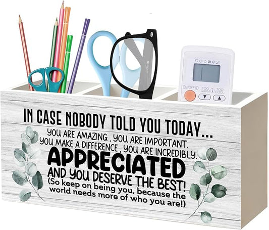 Inspirational Pen Pencil Holder Organizer for Desk, Appreciation Thank You Gifts for Women Men Friends Coworkers Wood Signs for Home Office Desk Tabletop Decor Accessories