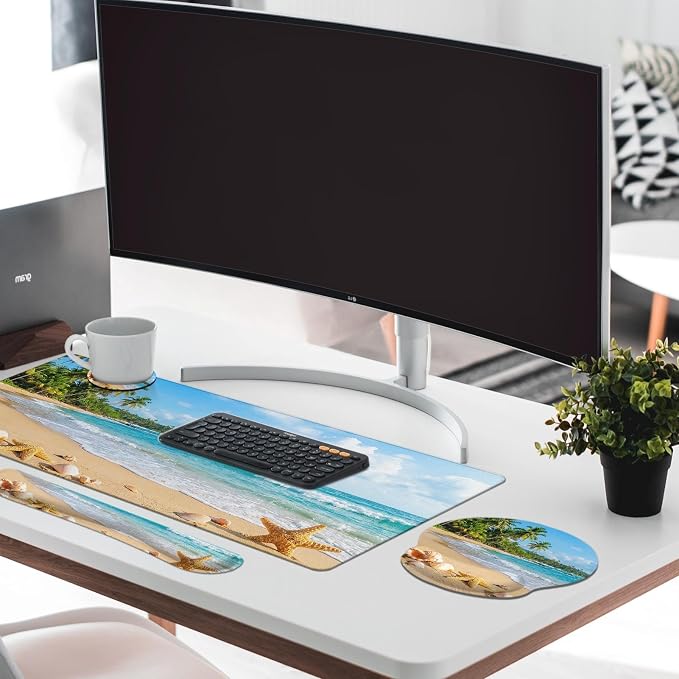 Britimes Beach Tropical Coastal Keyboard Mouse Pad Set Ocean Seashell 4in1 Large Mousepad+Keyboard Wrist Rest+Mouse Wrist Rest+Coaster Ergonomic Design for Home Office Computer 35.4x15.7 inches