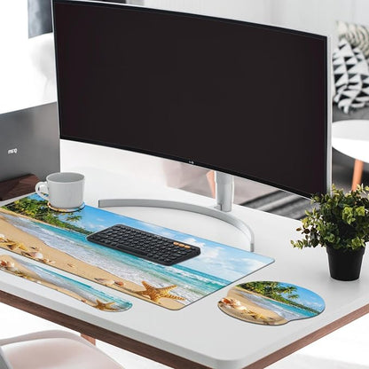 Britimes Beach Tropical Coastal Keyboard Mouse Pad Set Ocean Seashell 4in1 Large Mousepad+Keyboard Wrist Rest+Mouse Wrist Rest+Coaster Ergonomic Design for Home Office Computer 35.4x15.7 inches