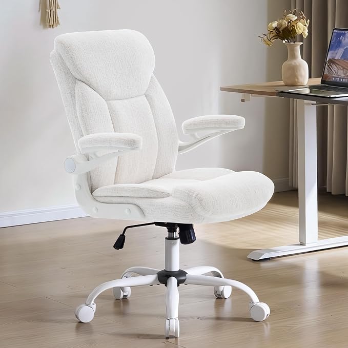 Home Office Ergonomic Desk Chair - Comfy Fabric Executive Chair with Flip-Up Armrests, Height Adjustable Computer Chair for Gaming, 360° Swivel & Rocking (White)
