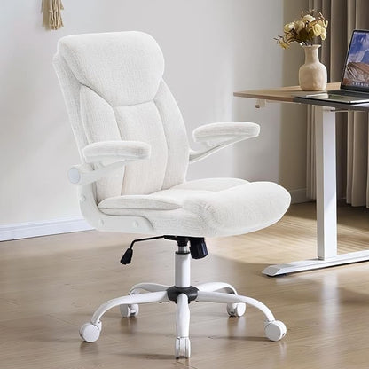 Home Office Ergonomic Desk Chair - Comfy Fabric Executive Chair with Flip-Up Armrests, Height Adjustable Computer Chair for Gaming, 360° Swivel & Rocking (White)