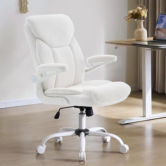 Home Office Ergonomic Desk Chair - Comfy Fabric Executive Chair with Flip-Up Armrests, Height Adjustable Computer Chair for Gaming, 360° Swivel & Rocking (White)