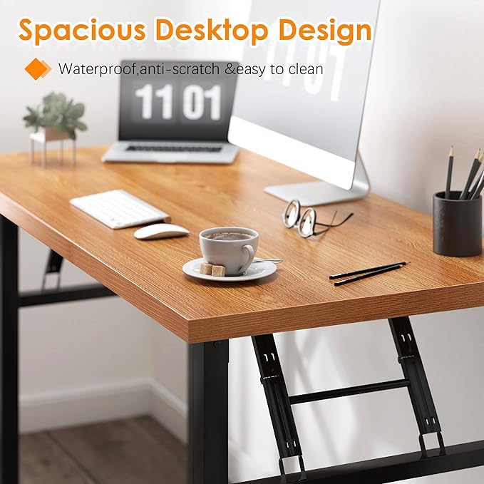 Need Folding Computer Desk, Large 62 inches Folding Table for Home Office, No Install Needed Foldable Writing Table Long Desk, Space-Saving, Teak and Black