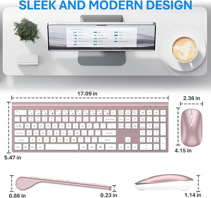 Wireless Keyboard and Mouse Combo, Full Size Keyboard and Mouse, Long Battery Life, Optical Mouse, 2.4G Lag-Free Cordless Mice Keyboard Set Ultra Slim Design for Computer, Laptop, PC, Mac (Pink)