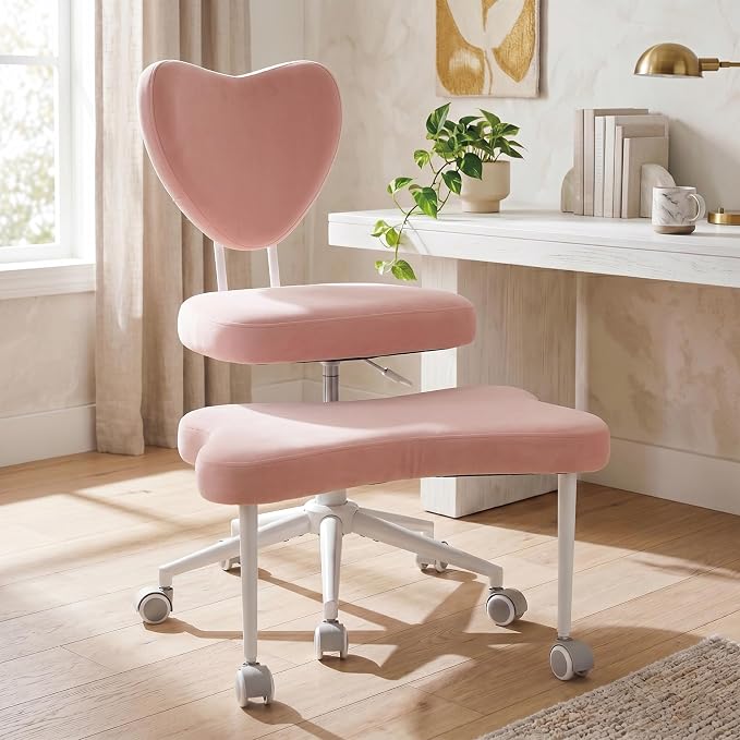 Cross Legged Office Chair with Wheels, 360 Swivel Height-Adjustable Meditation Chair with Lumbar Support, Pink