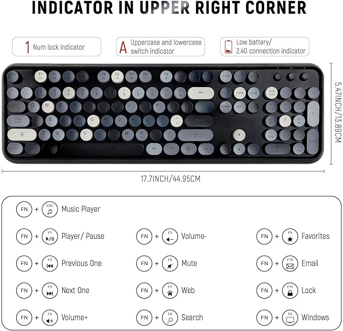 Wireless Keyboard and Mouse Combo, Retro Typewriter Style Round Key Keyboard, 2.4GHz Wireless Full Size Keyboard with Number Pad for Long Nails PC Laptop Desktop- Black Grey