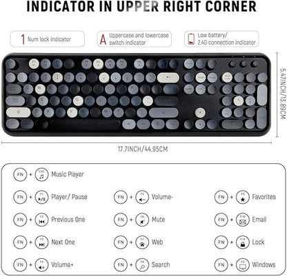 Wireless Keyboard and Mouse Combo, Retro Typewriter Style Round Key Keyboard, 2.4GHz Wireless Full Size Keyboard with Number Pad for Long Nails PC Laptop Desktop- Black Grey