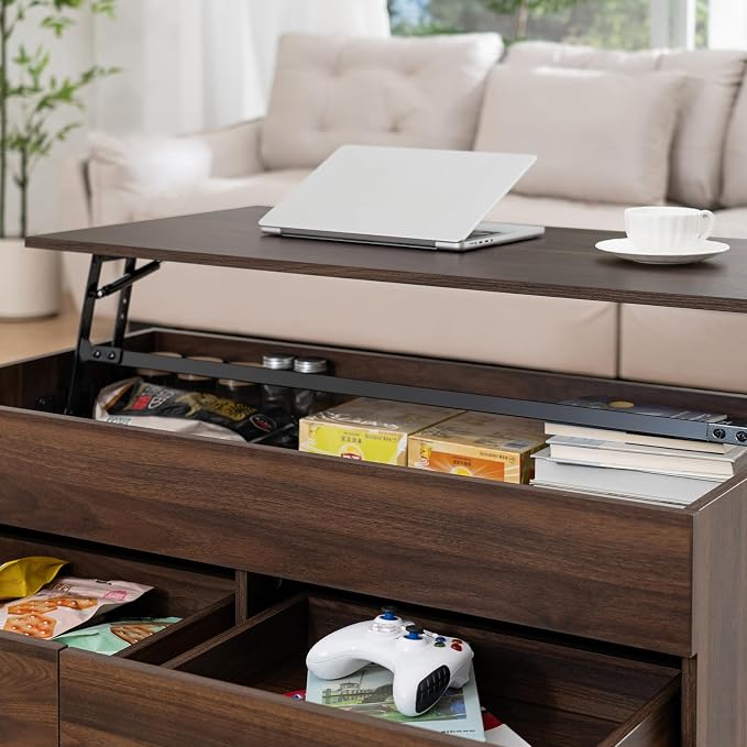 HOMMPA 40'' Lift Top Coffee Table for Living Room, Walnut Coffee Tables with Storage, LED Modern Coffee Table Rectangular Wooden Gloss, Flip Top Center Table with 2 Drawers and Hidden Compartment