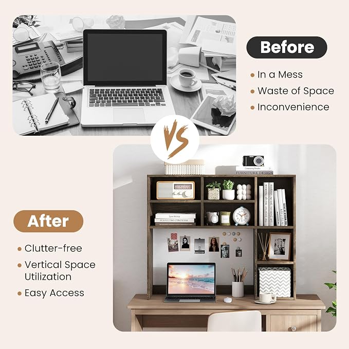 GOFLAME 7 Cubes Desktop Bookshelf, 37” Desk Organizer Shelf with 3 Adjustable Shelves, 3-Tier Wood Countertop Display Rack, Multipurpose Tabletop Desk Hutch for Dorm, Home Office, Gray
