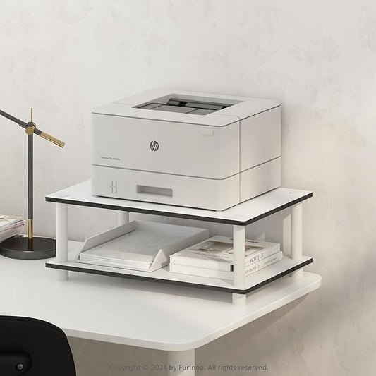 Furinno JUST Printer Stand with Storage, 2-Tier Under Desk Printer Stand, Printer Table, Toolless Assembly, for CPU, Office Supplies, Home Office, White