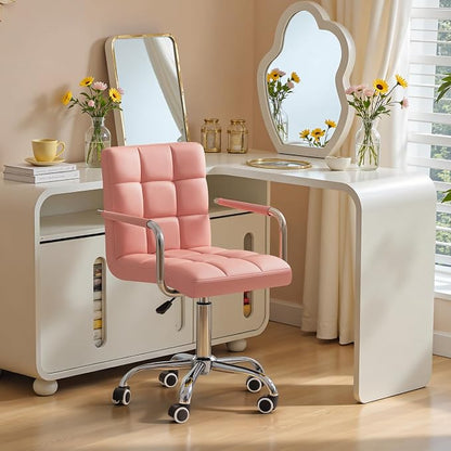 Furmax Vanity Office Chair with Wheels,Makeup PU Leather Executive Chair Modern Adjustable Home Desk Retro Comfortable Work Chair 360 Degree Swivel with Arms (Pink)