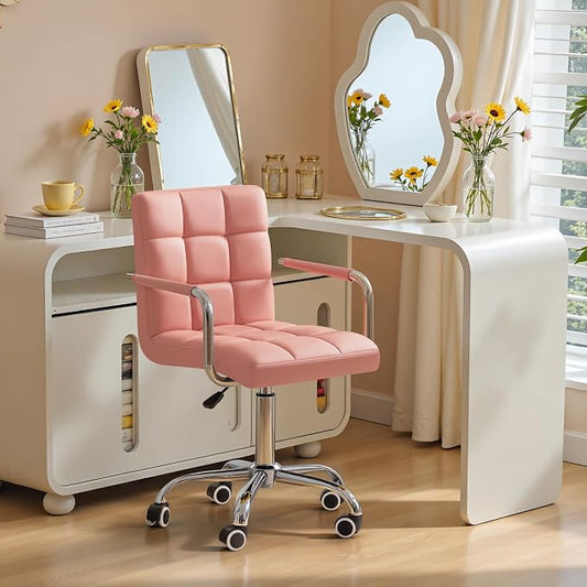 Furmax Vanity Office Chair with Wheels,Makeup PU Leather Executive Chair Modern Adjustable Home Desk Retro Comfortable Work Chair 360 Degree Swivel with Arms (Pink)