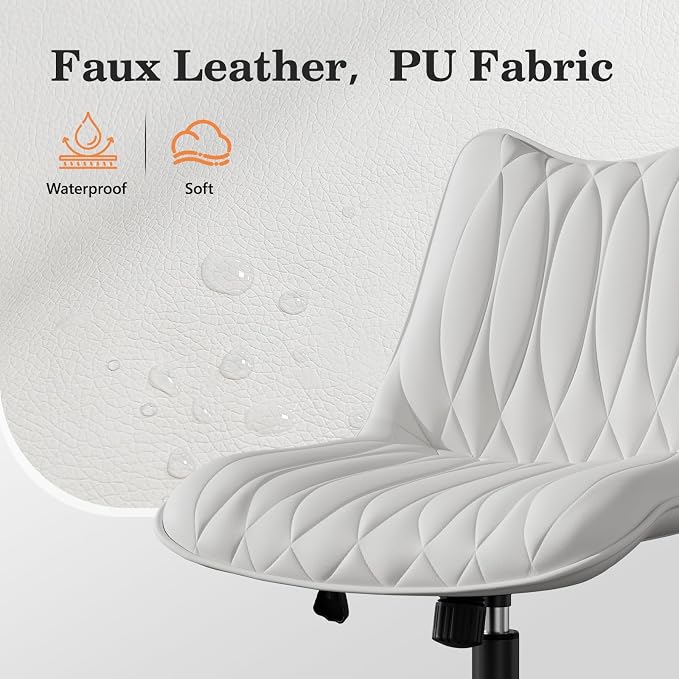 Armless Office Chair, Swivel Rolling Leather Desk Chair, White | Waterproof Upholstery, Padded Seat, 15° Relaxing Tilt, 330 LBS Capacity, for Bedroom Vanity and Computer Work