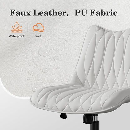 Armless Office Chair, Swivel Rolling Leather Desk Chair, White | Waterproof Upholstery, Padded Seat, 15° Relaxing Tilt, 330 LBS Capacity, for Bedroom Vanity and Computer Work