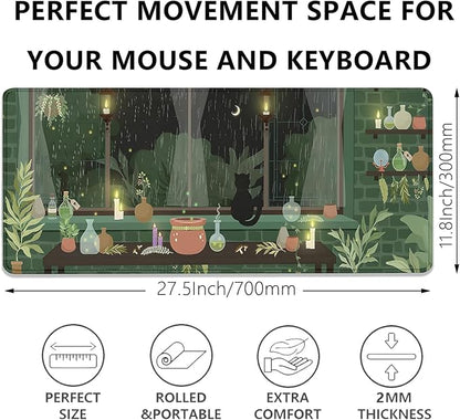 Black Cat Mouse Pad Green Plants Desk Mat Pad Anime Large Gaming Cartoon Cute Mouse Pad,Stitched Edges Non-Slip Waterproof Rubber Base Mous Mat for Office Home Work Gaming(27.5X11.8 in)