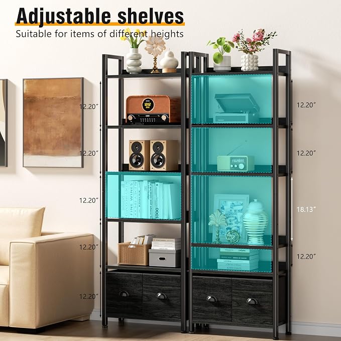 Furologee 6-Tier Bookshelf Set of 2, Tall Bookcase with 2 Drawers and Shelves, Industrial Display Free Standing Shelf Units, Storage Rack Organizer for Bedroom, Living Room, Home Office, Black Oak
