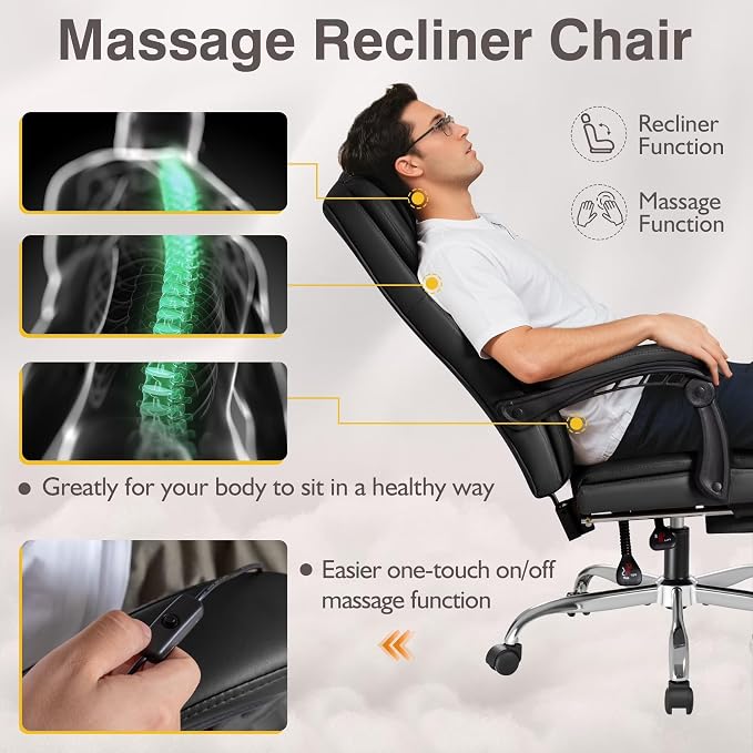 Shahoo Executive Office Chair with Massage, Ergonomic Reclining High Back Leather Seats with Footrest and Lumbar Support, Big and Tall, 400Lbs Heavy Duty, Dark Black