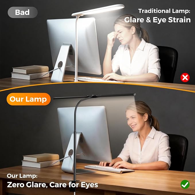 SKYLEO LED Desk Lamp with Clamp - Double Head Desk Light with Remote and Touch - Eye Protection - 12 W, 5 Color Modes, Timer and Memory Function, Flexible Gooseneck - for Office, Reading - Black